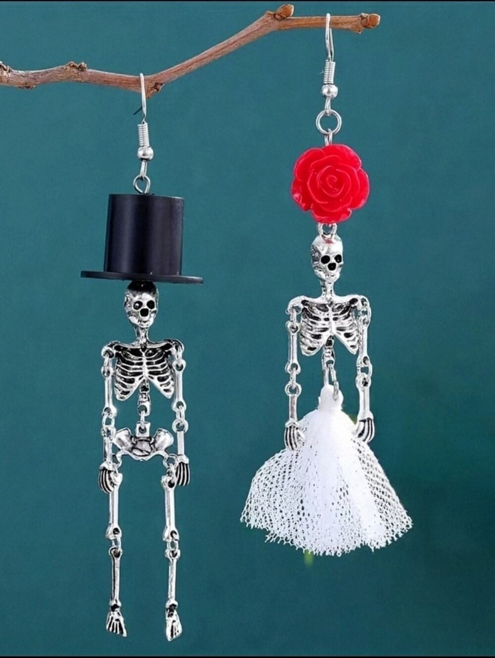 NEW* Silver, Black, Red Skeleton Dangle, Hanging Earrings. Halloween, Party